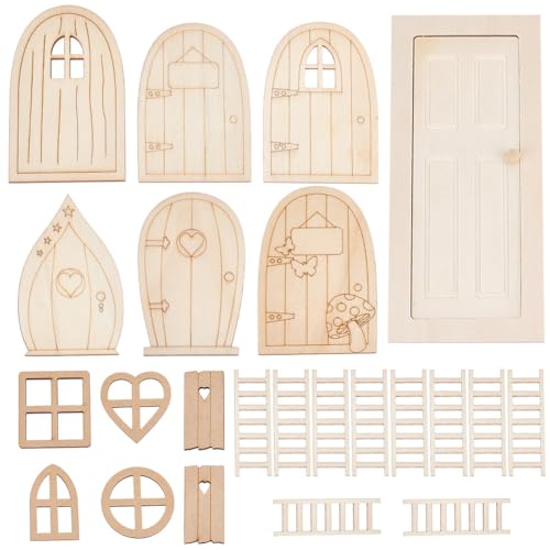 OLYCRAFT 1 Set/23pcs Mini Dollhouse Door Kit Miniature Wooden Door Window Set Wooden Doors Miniature Furniture Ladders Door Set for Miniature House Furniture Decoration Accessory