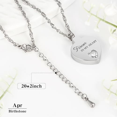 XIUDA Crystal Cremation Urn Necklace for Ashes Keepsake Birthstone Cremation Jewelry Heart Ashes Necklace for Women Stainless Steel Memorial Pendant - Forever In My Heart3