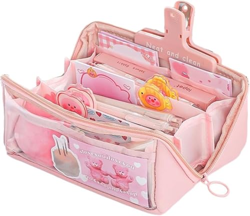 Estuche de lápices grande con 3 compartimentos, estuche de lápices para suministros escolares, estuche de maquillaje para niñas, niños, estudiantes, color beige