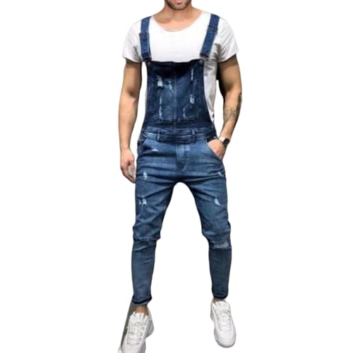 Toipkt Men's Hip Hop Denim Bib Overall Ripped Distressed Jean Adjustable Strap Jumpsuit Casual Fashion Workwear