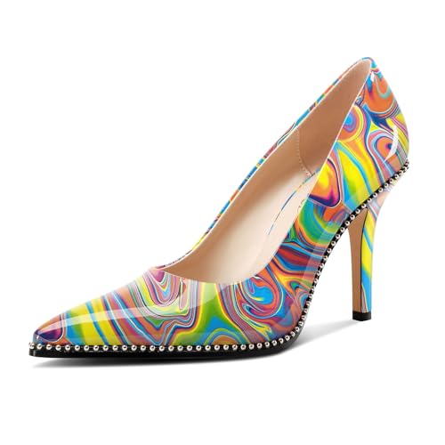 Image of TNYNFBEB Womens Stiletto Mid Heel Pointed Toe Pumps Slip-on Sliver Beaded Prom Wedding Dress Basic Classic Patent Leather 3.5 Inches Heels