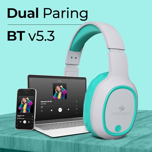 Image of ZEBRONICS Thunder Bluetooth 5.3 Wireless Over Ear Headphones with 60H Backup, Gaming Mode, Dual Pairing, Enc, Aux, Micro Sd, Voice Assistant, Comfortable Earcups, Call Function (Sea Green)