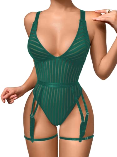 Kaei&Shi Sexy Ribbed Top,Plunge V, Snap Crotch, Leg Strap, Backless 3Pc Bodysuit