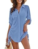 Blooming Jelly Womens Bathing Suit Cover Ups Bikini Swimsuit Coverup Drawstring Button Down Beach Dress Shirt(Small, Water Blue)