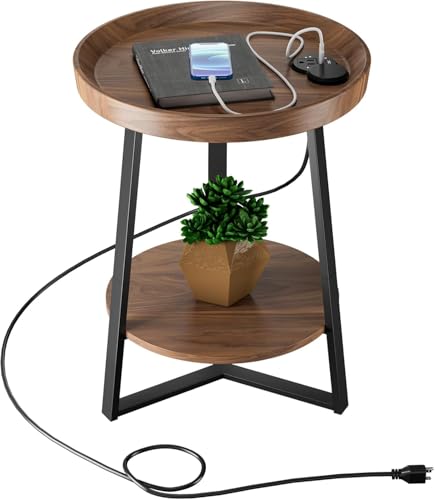 GulfDealz Round End Table with USB Charging Station, 2-Tier Wood