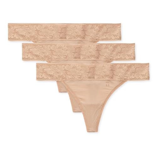 Image of Tommy John Women's Underwear, Lace Thong, Soft Second Skin Stretchy Fabric Cute Breathable Comfortable Seamless Thong No Show Panties for Women, Maple Sugar, X-Small, 3 Pack