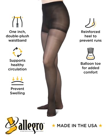 Image of Allegro Women's Sheer Compression Pantyhose 20-30 mmHg Firm Support Hosiery | Light control top with double plush waistband and reciprocated heel plus balloon toe and ventilated crotch for daily comfort.