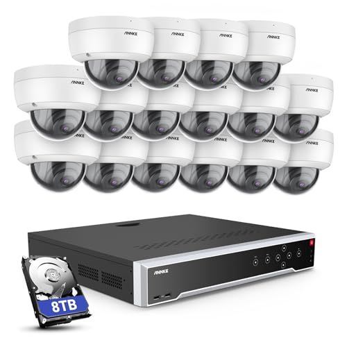 ANNKE 32 CH 4K POE Überwachungsset 5 MP NVR (8TB Festplatte) und 16 x Überwachungskameras Kuppel IP mit Audio, Vandalismus IK10, Nachtsicht, Fernzugriff, Bewegungsalarm