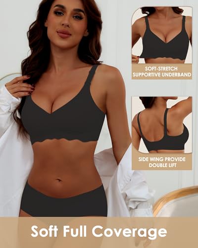 Image of HORISUN Wireless T Shirt Bra Seamless Push Up Bralette Full Coverage V Neck Comfortable Bras for Women