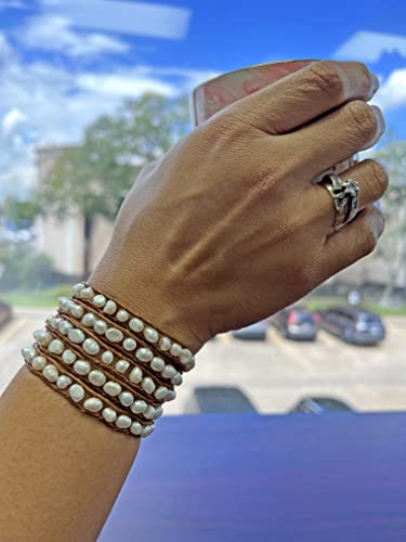 Mgr My Gems Rock! Cultured Fresh Water Pearl Beaded On Genuine Leather Boho Style Leather Wrap Bracelet Super Wrap Bracelet 35" Long, Up To 5 Wraps-White Cultured Fresh Water Pearl And Beige Leather. #TOP2