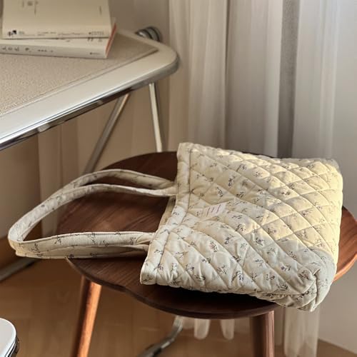 Image of Floral Quilted Cotton Shoulder Bag for Women Daily Use Medium Size Handbag Large Capacity Thickened Design Tote