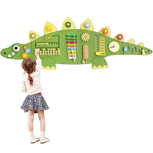Image of Beright Dinosaur Activity Wall Busy Board Panels, Montessori Sensory Toys, Toddler Learning Activity Center, Perfect for Toddler Playroom & Children's Daycare, Green