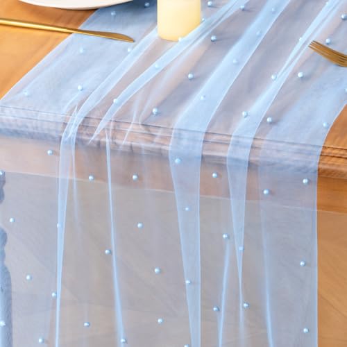 Image of MLMC 3Pcs Light Blue Pearl Table Runner Boho Rustic Tulle Table Runner with Pearls 10ft 29 inchx120 inch Cheesecloth Table Decor for Wedding Baby Shower Anniversary Home Decoration