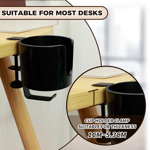 Image of 2 Pack Desk Cup Holder, 2-in-1 Anti-Spill Cup Holder Clamp with Headphone Hanger, Compatible with Most 3.74 inch Coffee Mugs, Water Cups (Black)
