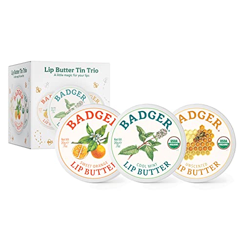 Badger - Lip Butter Trio Gift Box, Moisturizing Organic Coconut Oil, Beeswax, Sunflower - Contains 1 Unscented , 1 Sweet Orange, and 1 Cool Mint Lip Butter