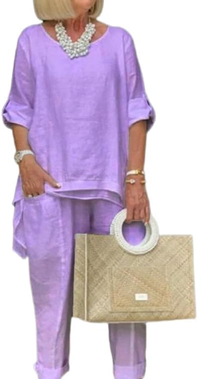 ZOCANIA Cotton Linen Two Piece Suit Set for Women 2023 Fall Plus Size Loose Long Sleeve Crewneck Dress Suit with Pockets