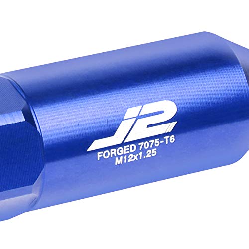 Image of J2 Engineering 20Pcs M12 x 1.25 7075-T6 Aluminum 90mm Spiked End Lug Nut w /Socket Adapter (Blue)