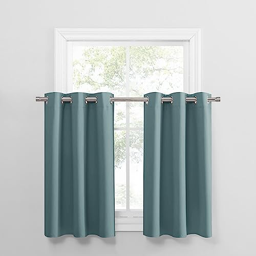 Image of PONY DANCE Small Curtains Blackout, Privacy Energy Efficiency Mini Curtains for Kids Bedroom RV Camper Windows Trailer Bathroom Kitchen Cabinet Window, W 42 x L 36, Fluorescent Blue, 2 Panels