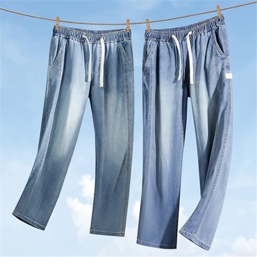 Hndudnff Men Thin Jeans Elastic Waist Straight Trousers Drawstring Casual Denim Pants with Pockets2