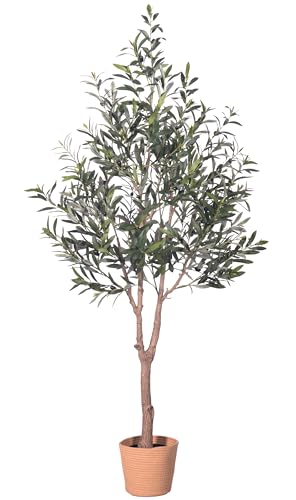 Olive Tree Artificial Plant 6FT,Artificial Olive Tree Mediterranean Silk Screened Broad-leaved Olive Tree with Realistic Fruit, Lifelike Plant Nordic Style Home Aesthetic Hotel Decor