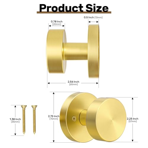 naubea 2 Pack Gold Dummy Door Knob Satin Brass Dummy Door Knobs Interior, Round Modern Door Knob Brushed Gold Dummy Door Handle Interior for Hall Pantry Closet Door Knobs by naubea - Image 5