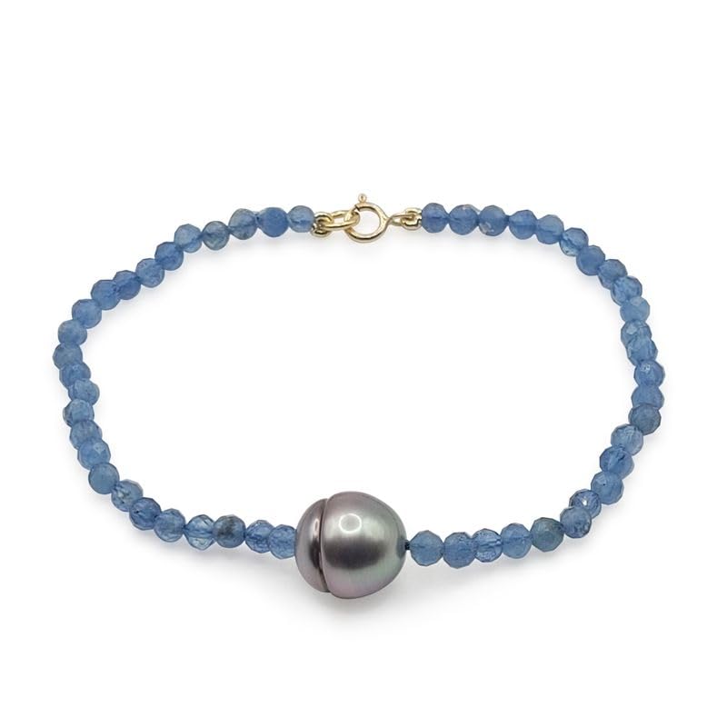 PERORNO Bracelet Aigue, marine Élégant avec Perle de Tahiti et Fermoir en Or Jaune 18 Carats, Bijou de Luxe Authentique