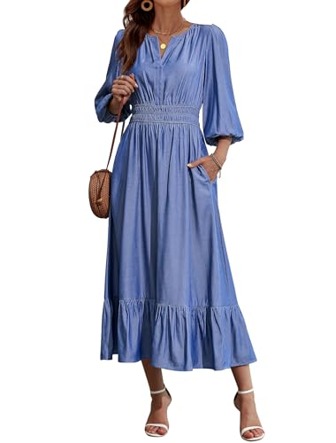 Eddoyee Women's Maxi Denim Dress with Pockets V Neck Jean Dresses Elbow Sleeve Elastic Waist Tiered Casual Fall Outfits 2025 (Blue, Medium)