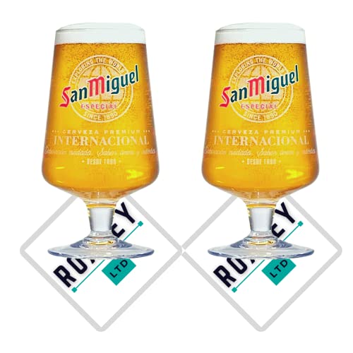 Roxley - Vasos de cerveza de pinta nucleada San Miguel X2 | Cerveza Lager 56 cl, tamaño cueva de hombre | Fabricado en Reino Unido