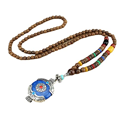 Collier perles de bois tibétaines fait main et pendentif Pinganfu artisanal unique
