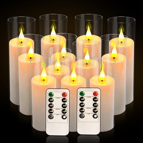 Image of 12-Pack White Acrylic Flameless LED Candle Set with Timer Remote Control-Ideal for Home Decor, Valentine's Day, Weddings, and Holiday Celebrations.