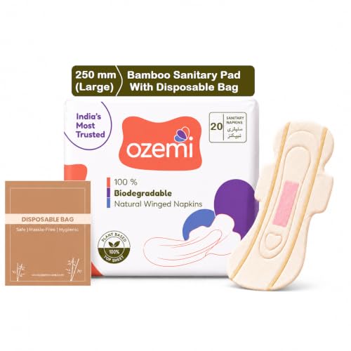Image of Ozemi's Organic Bamboo Sanitary Pads with Wings, Rash-Free & Chemical-Free Period Pads | Breathable, Ultra-Soft Feminine Hygiene Pads for Women | Super Absorbent sanitary Napkins (20, 250 mm)
