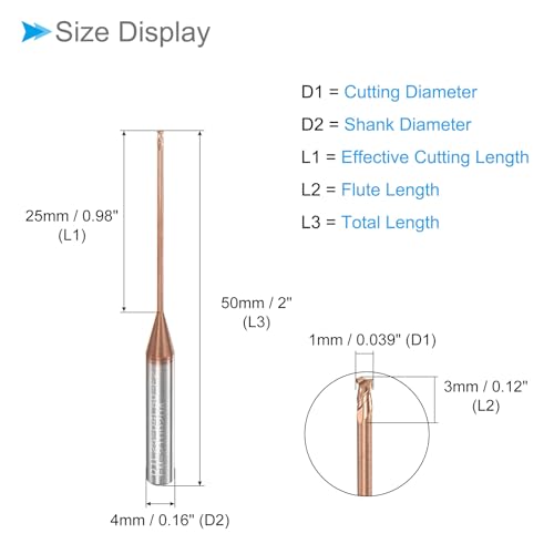 Image of Square Nose End Mill, 1mm x 25mm Cutting, Long Reach Titanium (Nano-Scale) Coated Carbide 2 Flutes CNC Router Bits - (Applications: for Stainless Steel Cast Iron Metal)