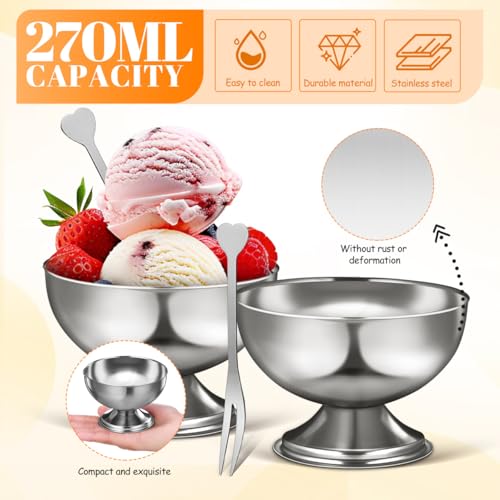 Image of Housoutil Ice Cream Cups, 4 Pcs Stainless Steel Serving Dessert Bowls, Round Sauce Bowls, Reusable Footed Yogurt Snack Candy Cups for Cake Salad Fruit Pudding Snacks Christmas Party