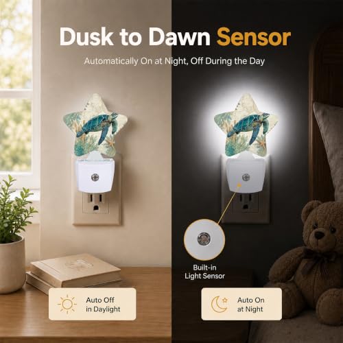 Image of Ocean Turtle Plug in Star Night Light, Night Light with Sensor for Kids Nursery Bedroom, Decorative Soft Glow Lamp for Hallway Bathroom, Energy Saving
