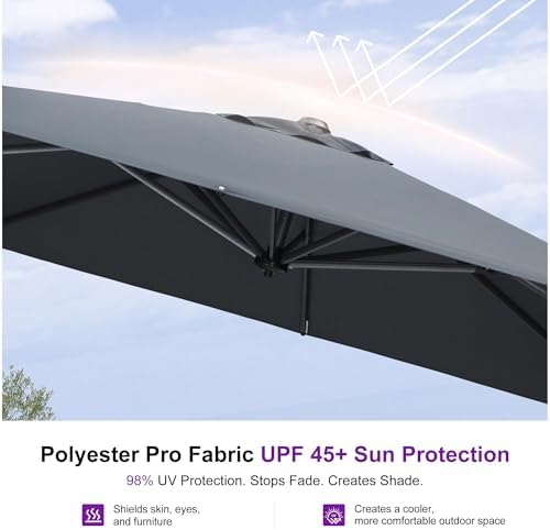 PURPLE LEAF 10' x 10' Patio Umbrella Outdoor Cantilever Umbrella Square Aluminum Offset Umbrella with 360-degree Rotation for Garden Patio Deck Pool, Grey — view 9