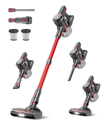 CHEBIO Lightweight Cordless Vacuum Cleaners for Home, Stick Vacuum Cordless Rechargeable with 45kPa Suction,45-Min Run,Anti-Tangle and Self-Stand, 6 in 1 Hardwood Vacuum Cleaner (red)