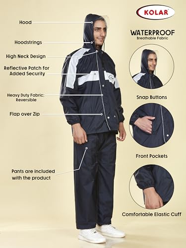 Image of KOLAR Men's Waterproof Rain Suit with Jacket and Pant With Reflective Surface, Extended Hood, Ouside and Inside Pocket