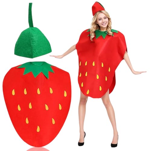 CLKDPNO Costume de Fruit Amusant, Costume de Fraise pour Adultes, Costume amusant de costumade avec tenue chapeau de feuille verte, pour Carnaval,cosplay et événements habillés