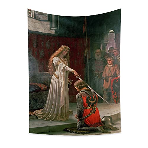 YONGFOTO 100x150cm Caballero Pintura Al Óleo Tapiz, Medieval Inglaterra Vintage Leighton Tapiz Nobleza Real Reina Princesa Príncipe Caballero Espada Decoración Artística por Biblioteca Escolar Sala