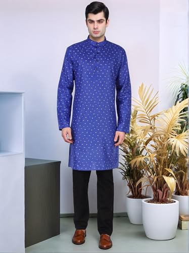 Image of SKAVIJ Mens Cotton Long Sleeve Tunic Printed Kurta