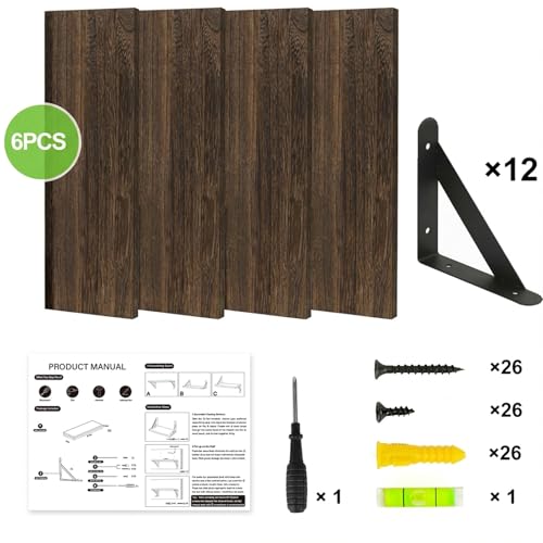 Image of YGEOMER 23.6 Inch Floating Shelves for Wall, Farmhouse Wall Shelves for Bedroom, Bathroom Storage, Living Room and Kitchen Decor (Set of 6 Brown)
