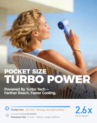 Image of Diveblues Mini Handheld Fan, 30ft /s Portable Turbo Fan [12H Max Cooling], 4000mAh Personal Fan with LED Display, 3-in-1 Hand Held /Neck /Desk Fan for Travel, Cruise, Disney Essentials