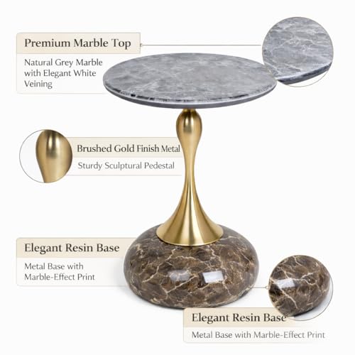 Image of Round Side Table with Marble Top, Brushed Golden Pedestal Base, Metal Base with Marble Effect, Modern Accent Table for Living Room, Bedroom