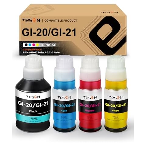 TESEN GI21 GI20 Compatible Refill Ink Bottle Replacement for GI21 GI-21 GI20 GI-20Color Ink Kit for Canon PIXMA G1220 G2260 G3260 G5020 G5030 G5040 G5050 Printer 4-Pack Color Black Cyan Magenta Yellow Cover