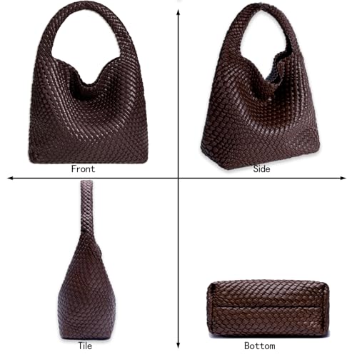 JINMANXUE Women Vegan Leather Hand-Woven Tote Handbag Fashion Shoulder Top-handle Bag All-Match Underarm Bag with Purse, Coffee