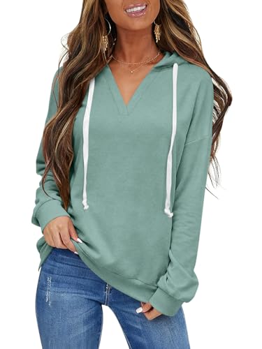 EasyGala Womens V Neck Hoodie Lightweight Drawstring Sweatshirts Casual Loose Long Sleeve Shirts Fall Fashion Pullover Top Trendy Clothes 2026 Mint Green Large