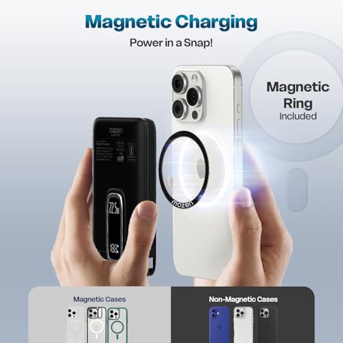 Image of Mozen Surge Air X1 (2-in-1) Wired+Wireless Power bank /MagSafe PowerBank 10000mAh Slim Design with Built-in Display,Stand&Cable, 22.5W Type-C Input /Output+18W USB-A,15W Qi Wireless for Android&iPhones.