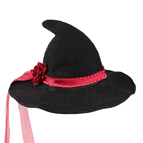TINAYAUE Dark Novel Gothic Black Knitted Witch Hat with Rose Flower Bowknot for Women Girls Wide Brim Pointed Modern Wizard Cap Halloween Cosplay Carnival Fancy Dress Party Christmas Costume Headgear - Image 2