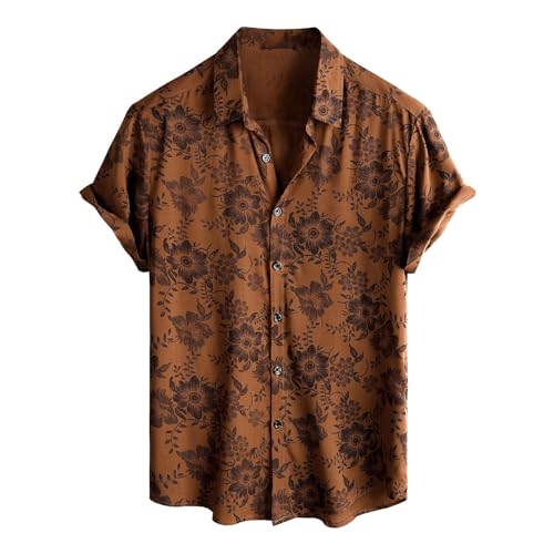 Camisa hawaiana para hombre, casual, manga corta, algodón, estampado floral, para vacaciones, playa, blusa ligera de verano, marrón, L
