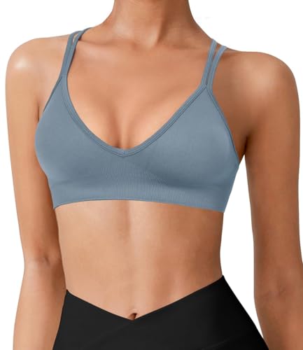 Image of VEQKING Seamless V-Neck Cross Back Women Sports Bra for Small Chest, 3 Pack | Made for A-C Cups, Spaghetti Straps, Removable Padded, Comfort Wireless for Low Impact Workout: Yoga, Lounging & Daily Wear